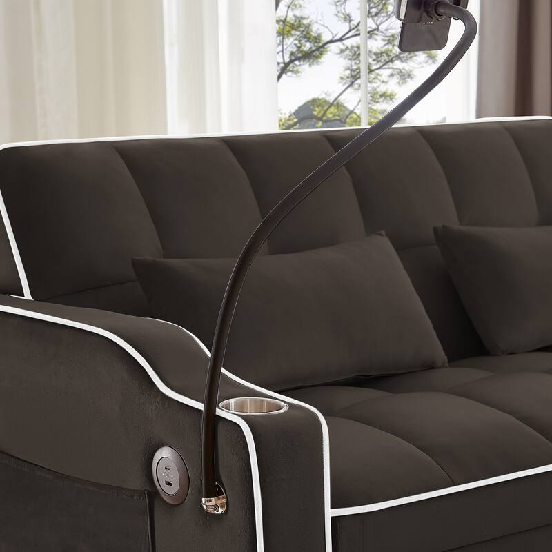 Versatile Foldable Double Seat Recliner,Comfortable Velvet Pull-Out Sleeper Sofa Bed with Side Pockets,Swivel Phone Stand