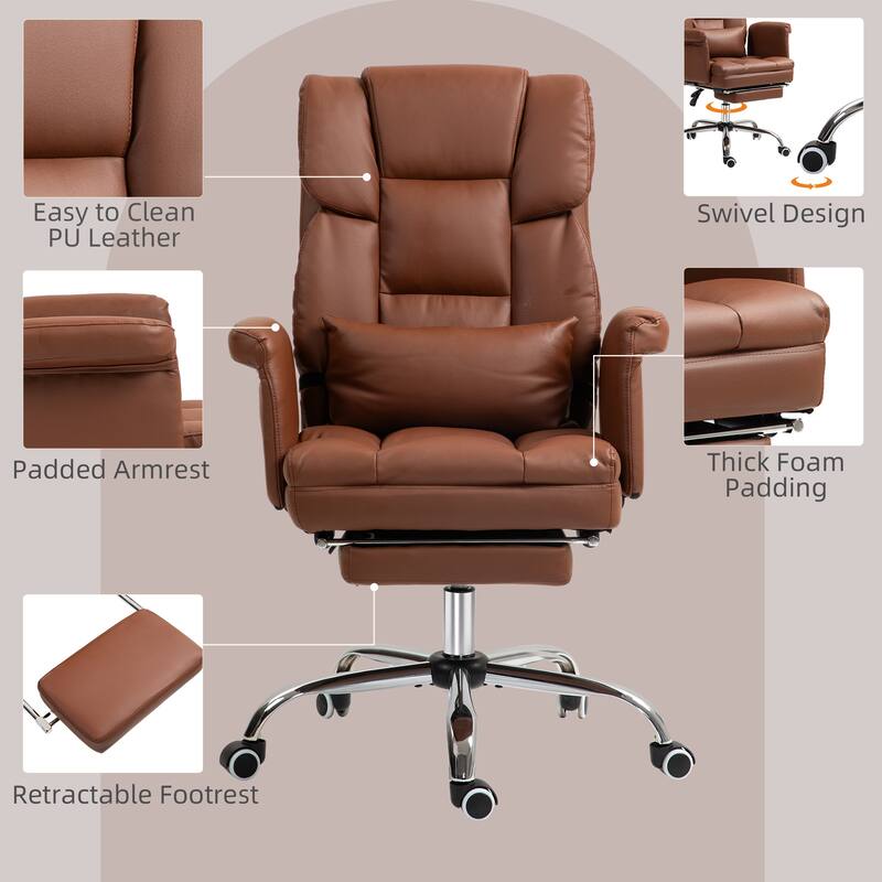 Executive PU Leather Office Chair with Footrest, Reclining Back, and Ergonomic Swivel Design