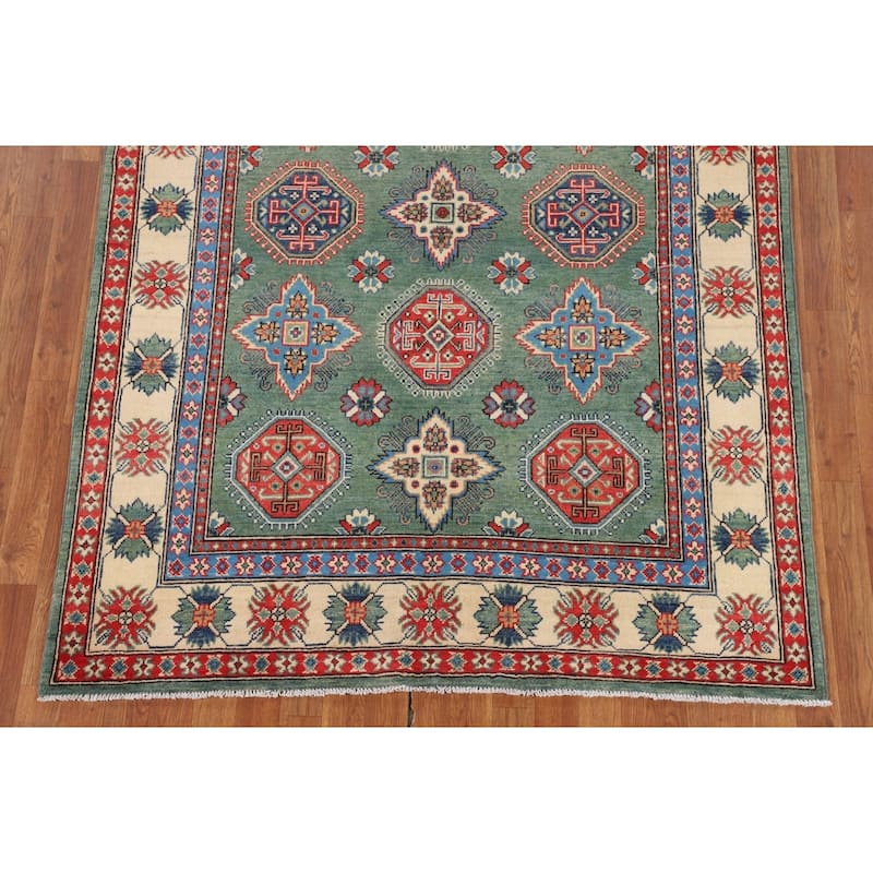 Kazak Oriental Area Rug Handmade Green Geometric Wool Carpet - 5'1" x 7'3"
