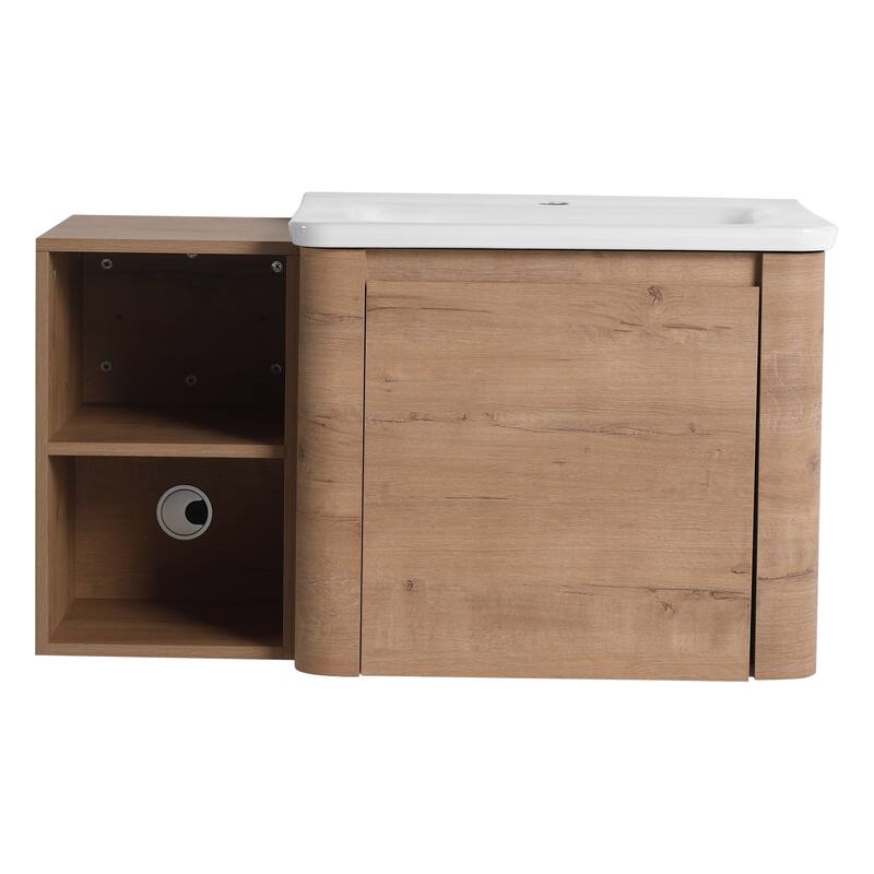 36'' Wall-Mounted Bathroom Vanity with White Ceramic Sink and Storage Shelves & 1-Soft-Close Door, KD-Packing, Plywood