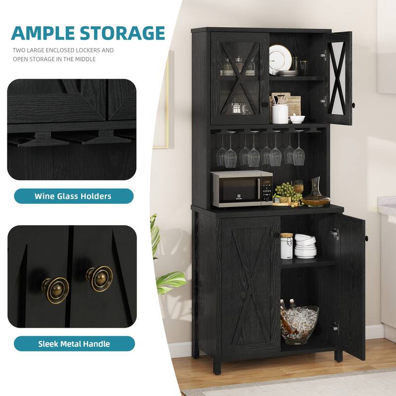 Moasis Coffee Bar Cabinet Kitchen Storage Cabinet with 2 Glass Doors & Wine Racks