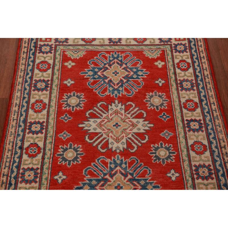 Geometric Kazak Foyer Rug Red Handmade Wool Carpet - 2'8"x 3'11"
