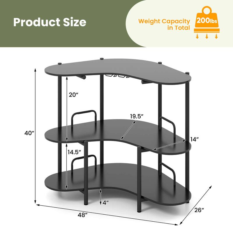 Costway 3-Tier Home Bar Unit with Stemware Racks & Storage Shelves - See Details