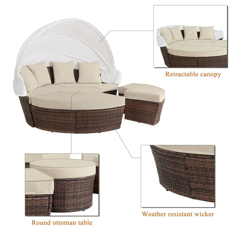 Ledel Wicker Outdoor Daybed 5-piece Sectional Sofa Set With Retractable Canopy and Cushions