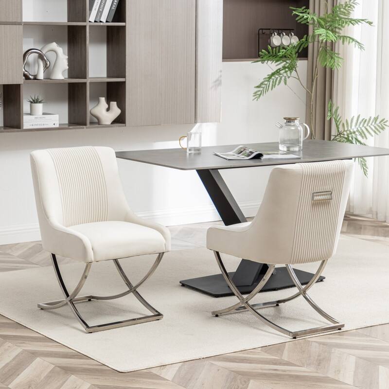 Modern Contempoary Velvet Dining Chair Set of 2 with Metal Frame Legs and Back Pull - Beige