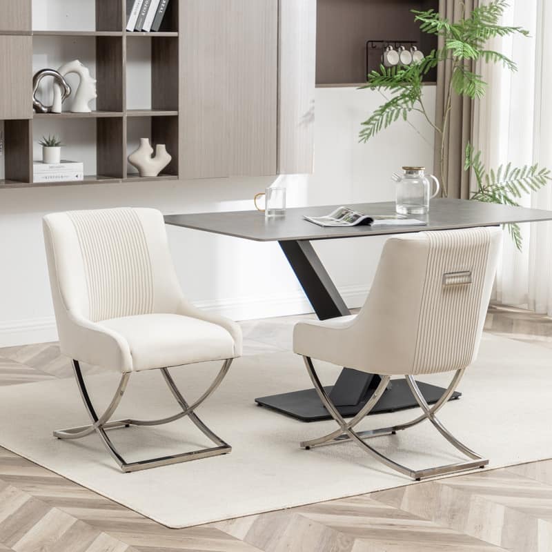 Modern Contempoary Velvet Dining Chair Set of 2 with Metal Frame Legs and Back Pull