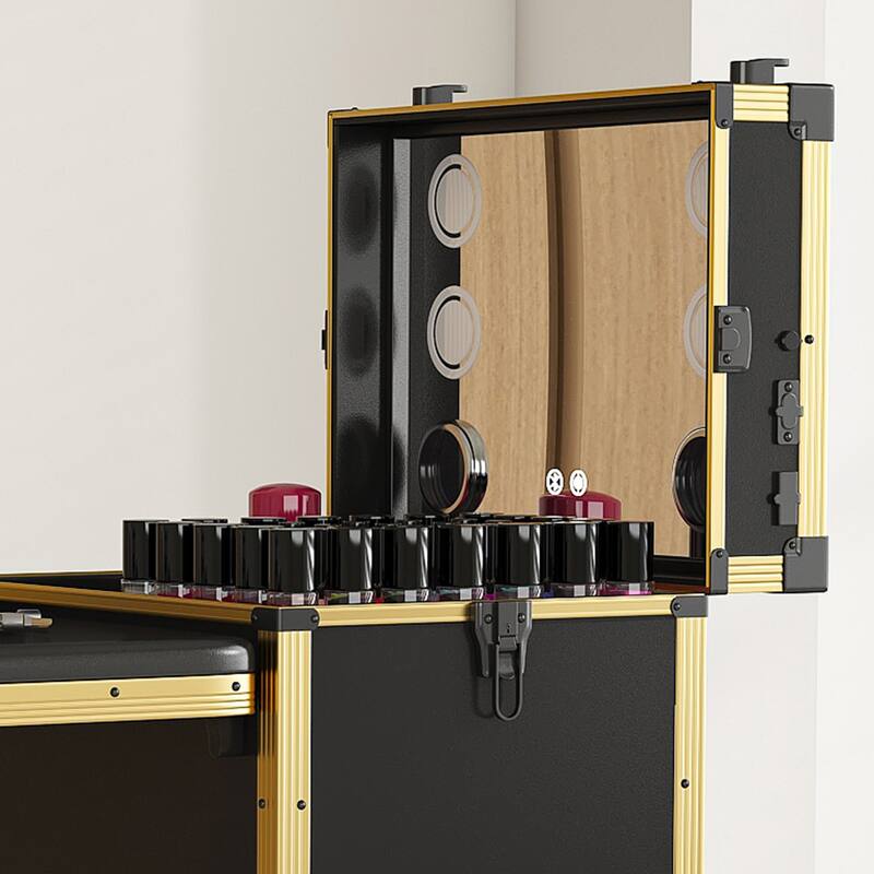 Portable Nail Art Table w/ LED Mirror, Bluetooth, Lockable Drawers, Telescopic Pole - Folding Manicure Station for Salons