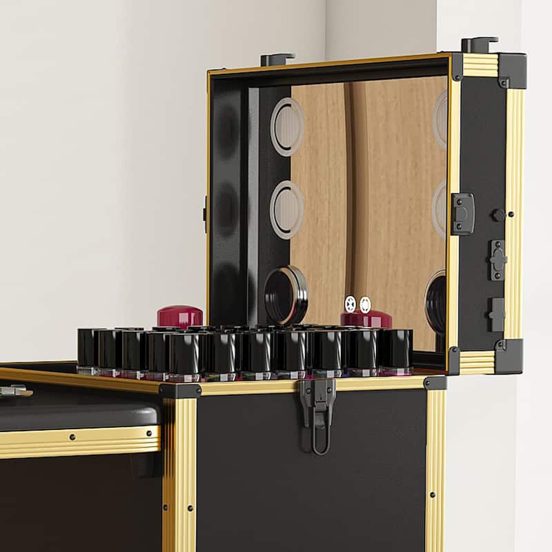 Roomfitters Portable Nail Table with LED Mirror, Lockable Drawers and Bluetooth, Folding Manicure Station on Wheels, Black