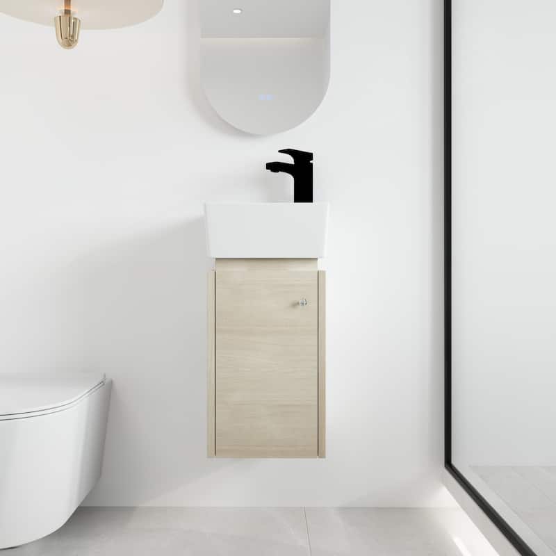 Malwee 12" Floating Bathroom Vanity, Mini Wall Mounted Bathroom Vanity with Ceramic Sink and Soft Close Door - Beige