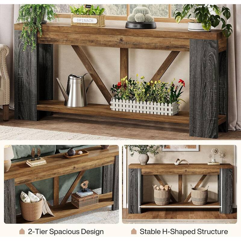 70.9 Inches Brown Engineered Wood Console Table, 2-Tier Behind Couch Sofa Table for Living Room