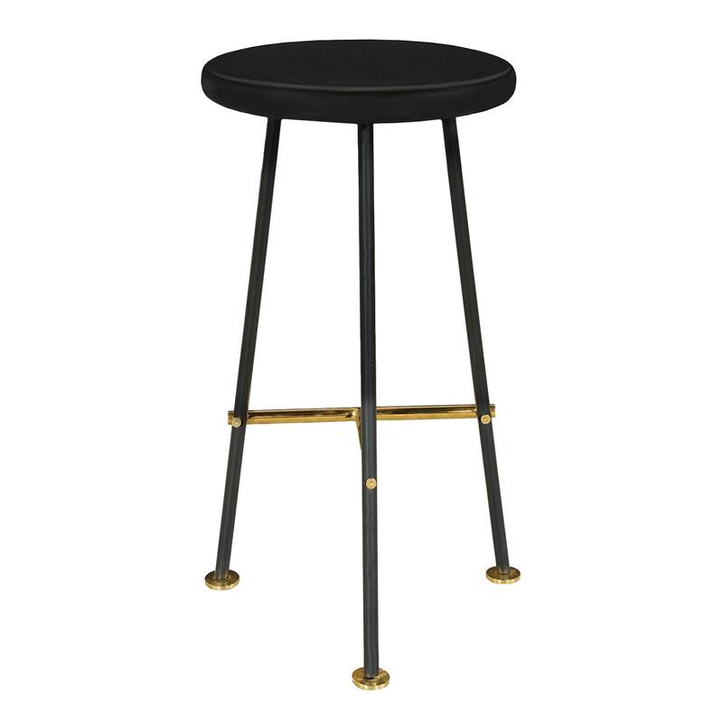 Elira 24 Inch Backless Counter Barstool with Round Mango Wood Seat. Black Iron Legs, Gold Footrest