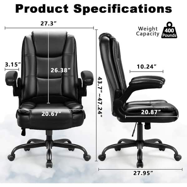 dimension image slide 0 of 2, BOSSIN Big and Tall Office Chair Ergonomic High Back Computer Adjustable Height Leather Executive Chair with Padded Flip-up Arms