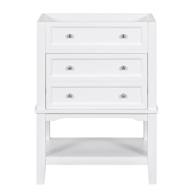 24" White Bathroom Vanity Base - Solid Wood & MDF Cabinet, Open Shelf & Drawer, Freestanding Design
