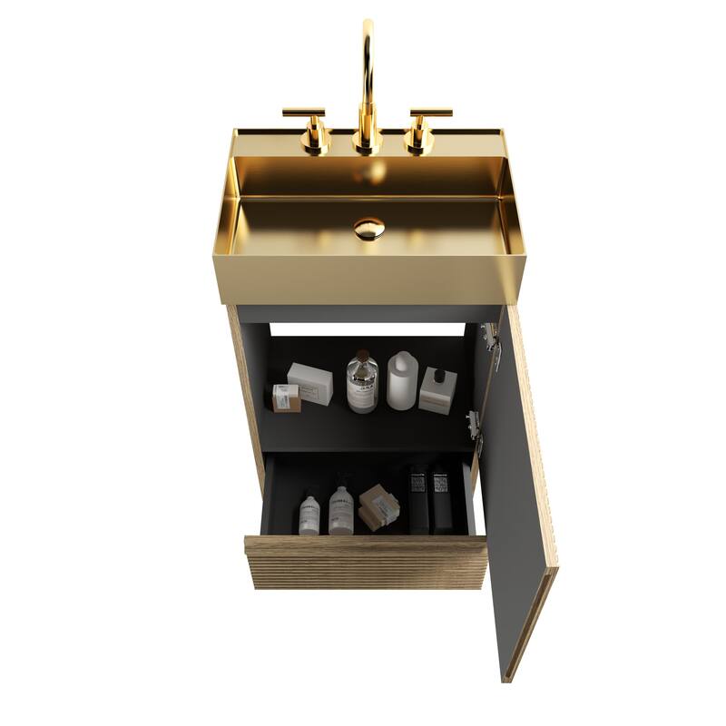 20" Striped Bathroom Vanity with Integrated Brushed Gold Metal Vessel Bathroom Sink, Freestanding Bathroom Cabinet