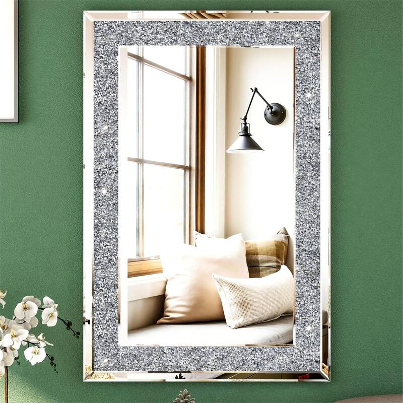 Glam Crystal Accent Wall Mirror Sparkly Silver Mirror