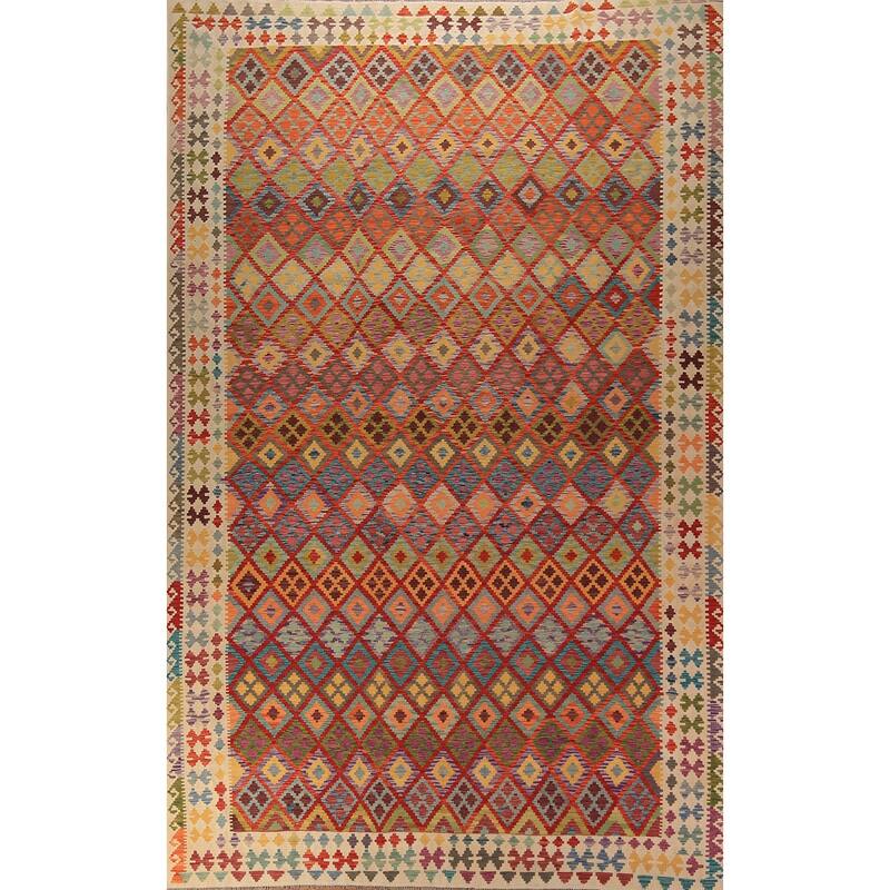 Trellis Geometric Kilim Oriental Large Rug Flatweave Wool Carpet - 10'4" x 16'0"