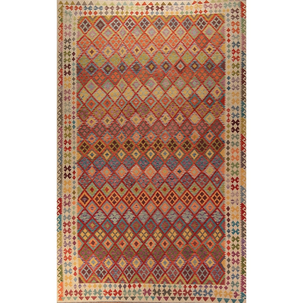 Trellis Geometric Kilim Oriental Large Rug Flatweave Wool Carpet - 10'4" x 16'0"