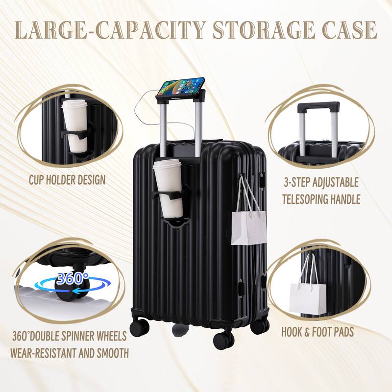 Stylish Luggage, 3-Piece Set with Universal Wheels Cup Holder, USB Port and Phone Holder, for Boarding Travel