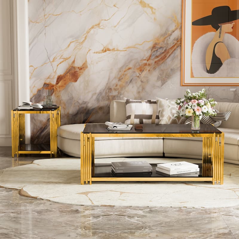 19.9" Modern Transparent Glass End Table for Living Room, Square,Asymmetrical Metal, Gold Finish & Lower Shelf