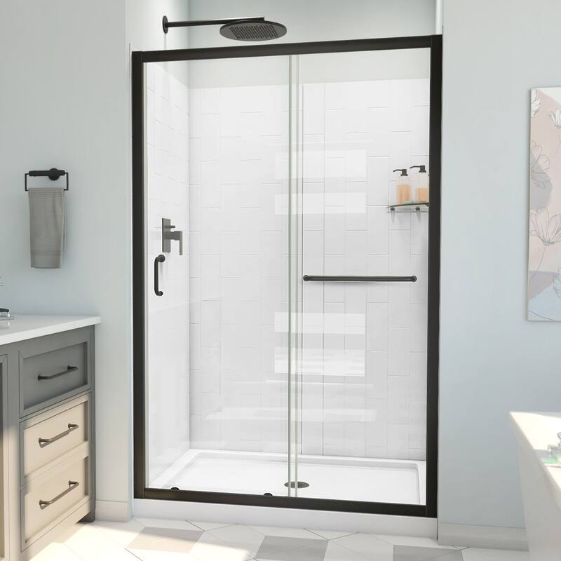 DreamLine Infinity-Z 36" D x 48" W x 78 3/4" H Sliding Shower Door, Base, and White Wall Kit in Satin Black and Clear Glass