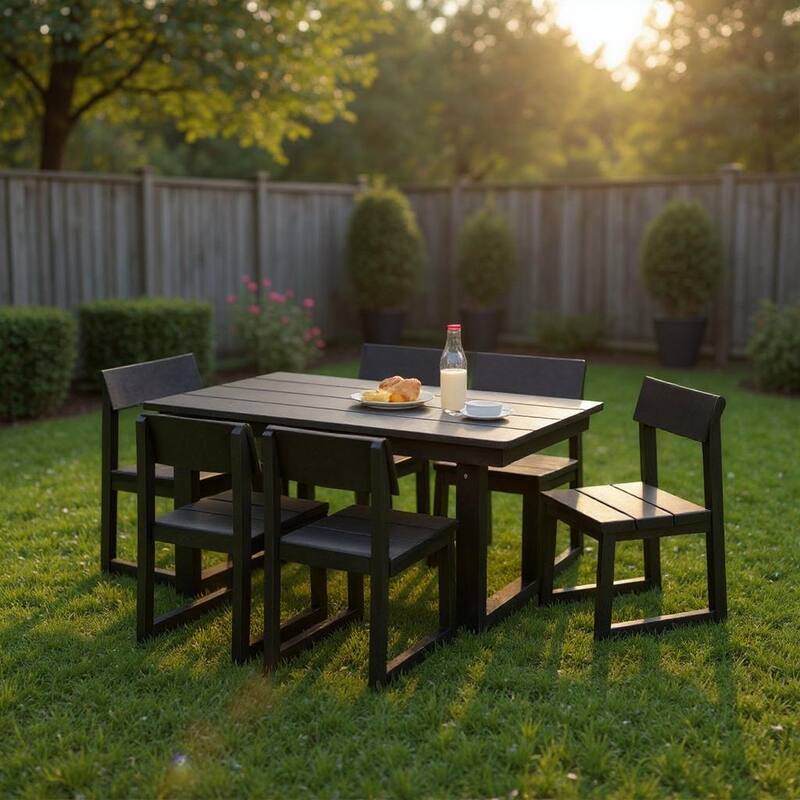 7-Piece HDPE Outdoor Dining Set for 6 - Weather-Resistant Patio Table with Umbrella Hole and 6 Armless Chairs - Black
