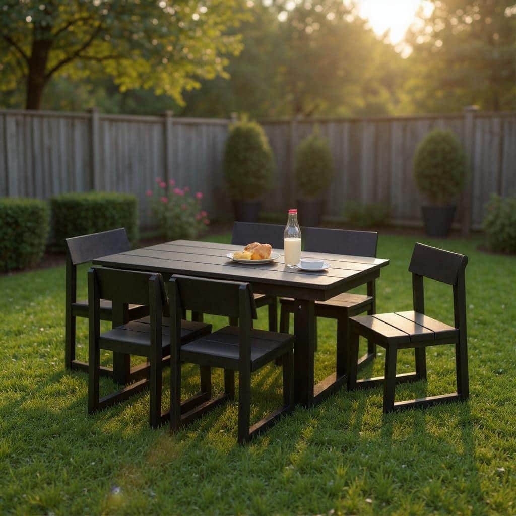 7-Piece HDPE Outdoor Dining Set for 6 - Weather-Resistant Patio Table with Umbrella Hole and 6 Armless Chairs