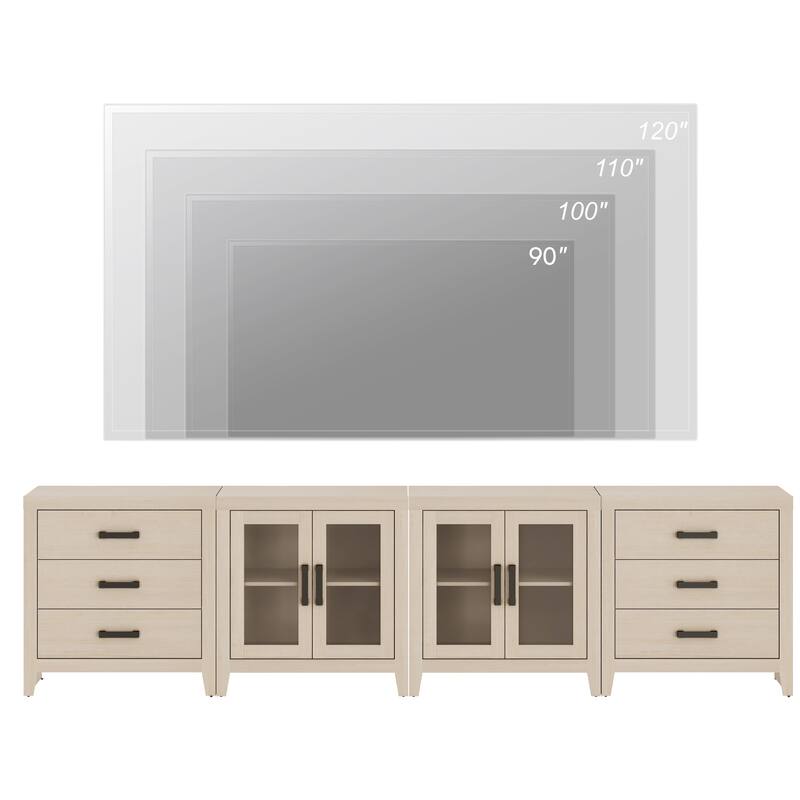 WAMPAT Extra Wide 126" Farmhouse TV Stand, Wood Media Console with 6 Drawers & 2 Glass Cabinets
