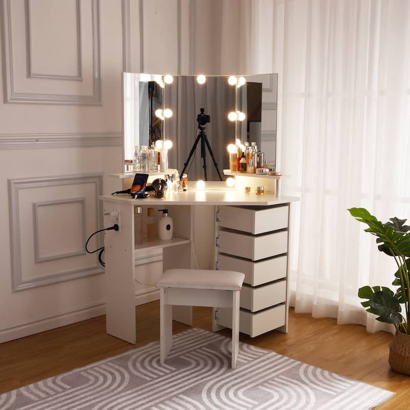 Corner Makeup Vanity Desk with Lights & Power Outlet