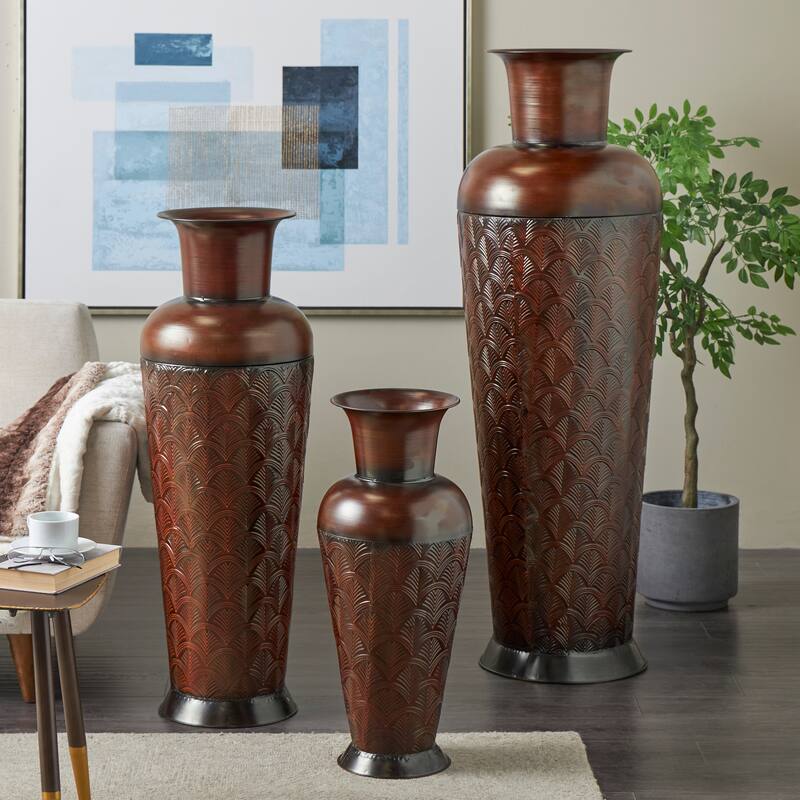 Dark Brown Metal Tall Vase with Geometric Designs (Set of 3) - Dark Brown - 40", 27"H