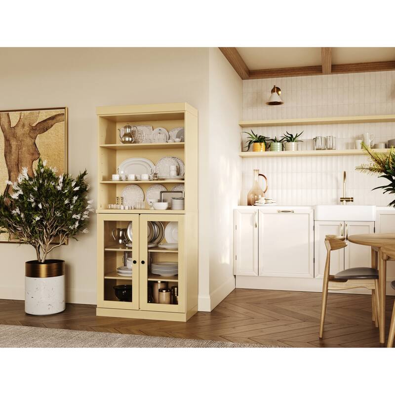 100% Solid Wood 32" Kitchen Pantry Cabinet with 2 Doors by Palace Imports - Yellow - Clear Glass