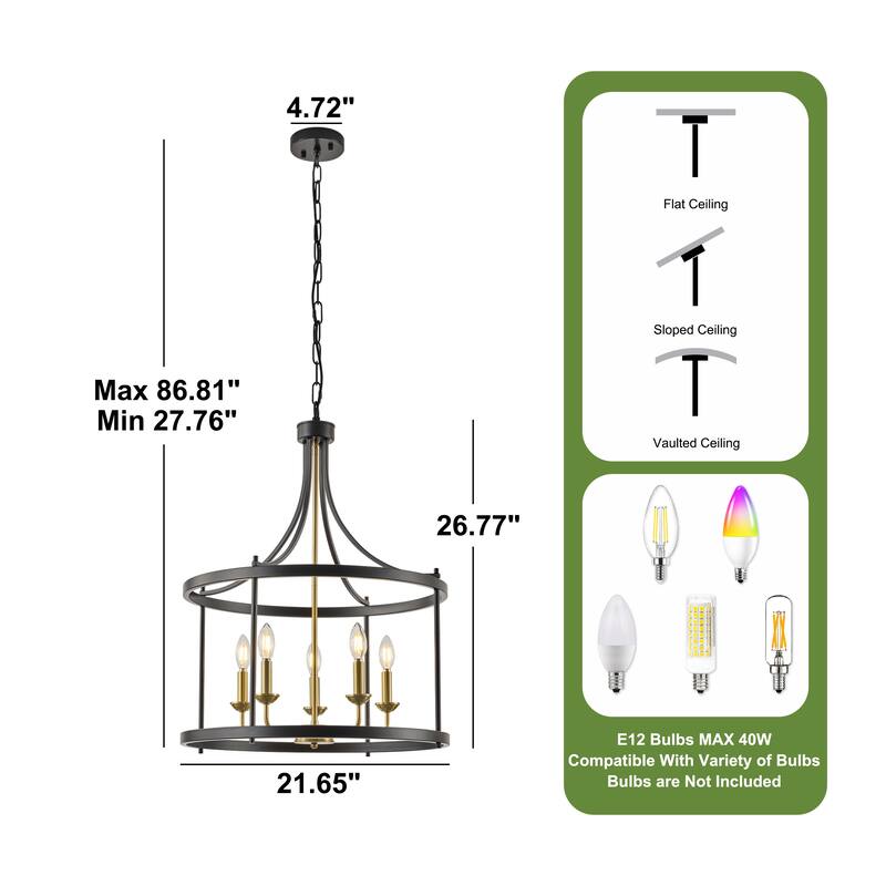 Starsky 5-Light Farmhouse Drum Chandelier With Open Cage - Black&Gold