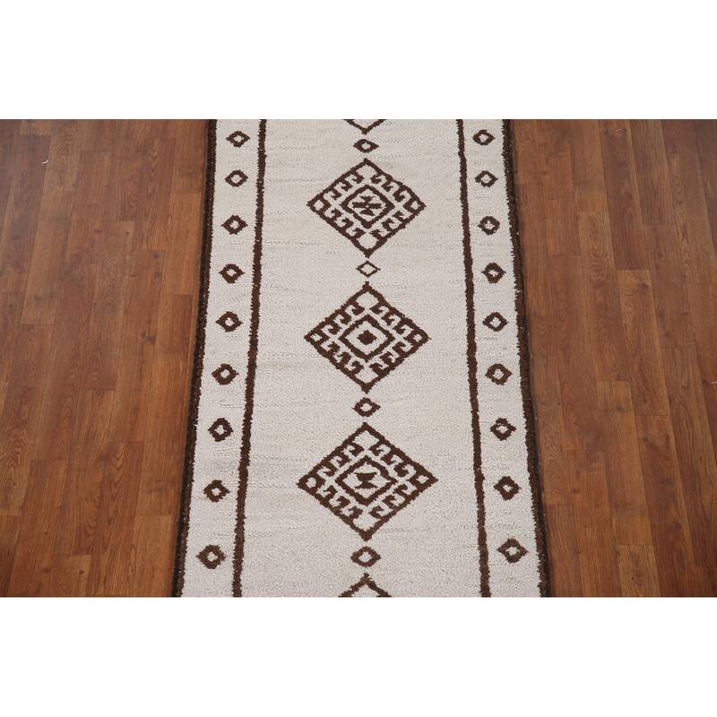 Geometric Beige Anatolian Turkish Runner Rug Handmade Wool Carpet - 2'8"x 12'11"