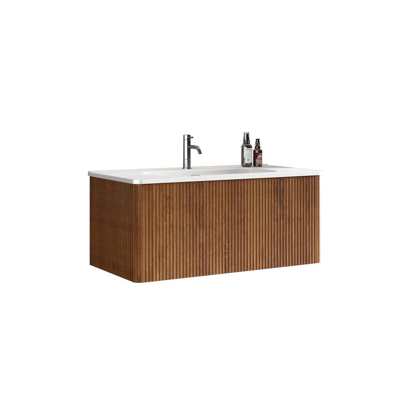 24 Inch Striped Walnut Bathroom Vanity with White Ceramic Sink,Wall Mounted Floating Bathroom Vanity for Modern Bathroom