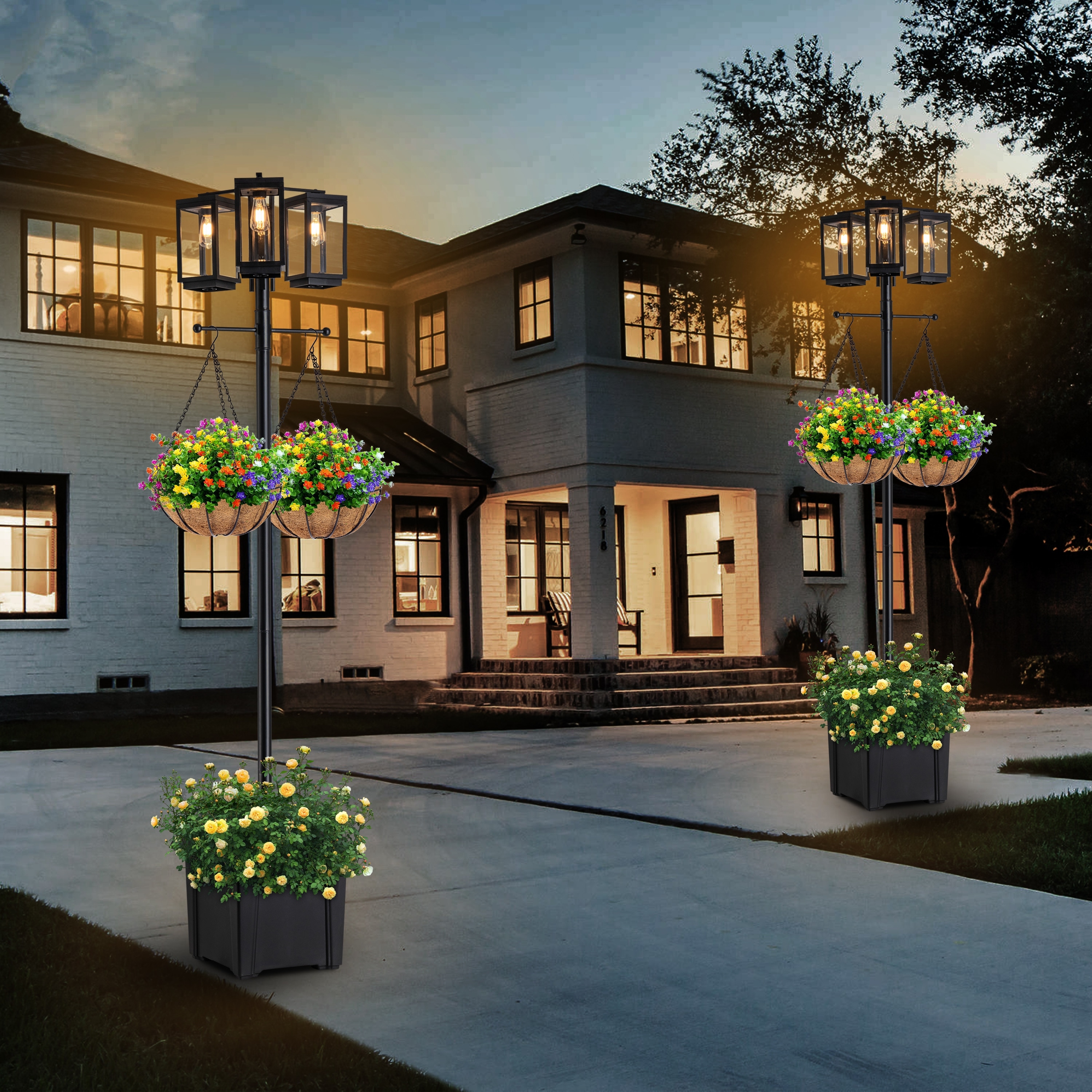 3 light solar lamp post with planter on sale