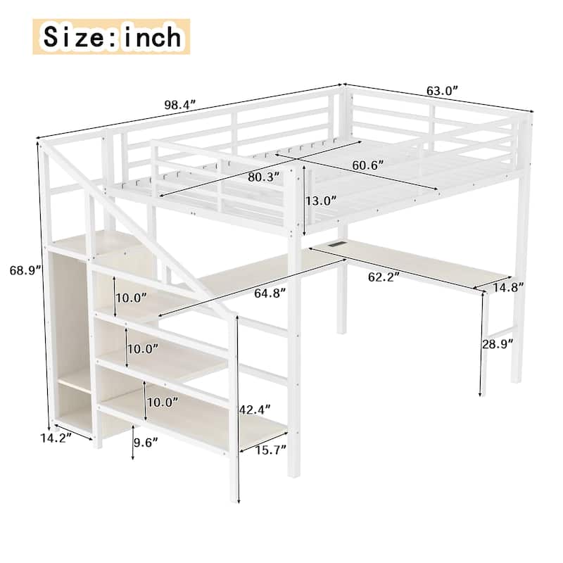 Queen Size Wood-grain Loft Bed with L-Shaped Desk, Wardrobe and USB/Charging Station
