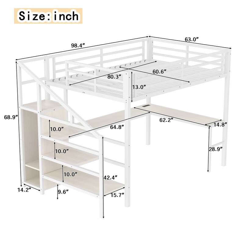 Roomfitters Queen Size Metal Loft Bed with L-Shaped Desk, USB Ports, LED Lighting & Adjustable Shelves