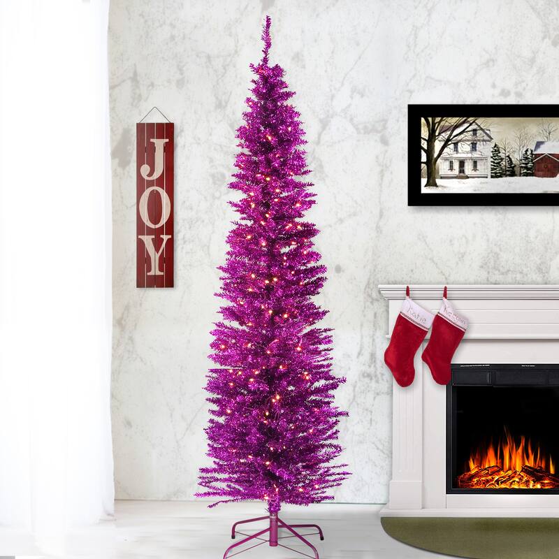National Tree Company 7 ft. Pink Tinsel Tree with Clear Lights - 7 Foot