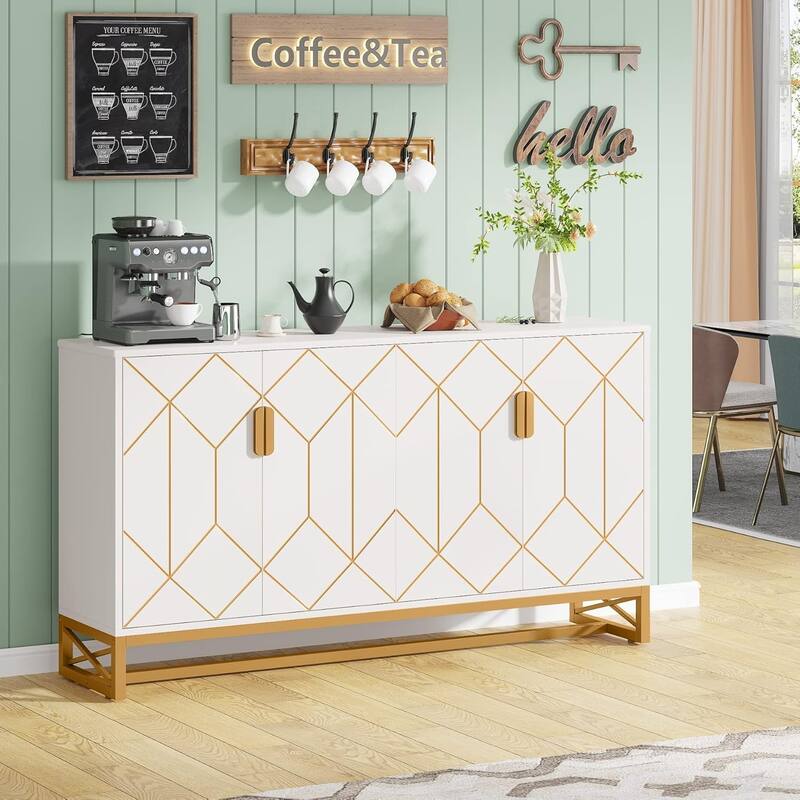 59" Buffet Cabinet/Sideboard 2-Tier Storage Modern Wood Metal Coffee Bar Cabinet for Kitchen/Dining/Living Room - White Gold