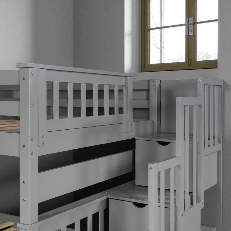 Full Over Full Bunk Bed with Staircase, Shelves, 6 Drawers, Storage and Safety Guardrails for Kids or Teens