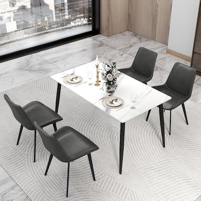 55" Modern Dining Table, White Sintered Stone Tabletop Dining Table with Black Iron Legs