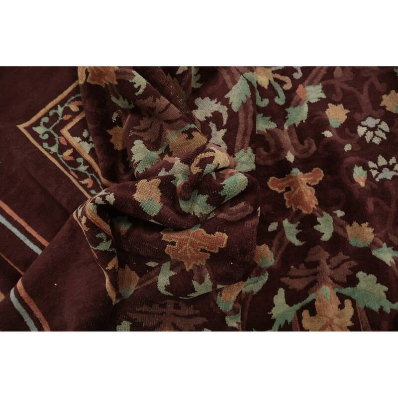 Hand Knotted Oriental 100% Wool Carpet Traditional Floral Brown Art Deco Area Rug - 11' 7'' X 9' 3''