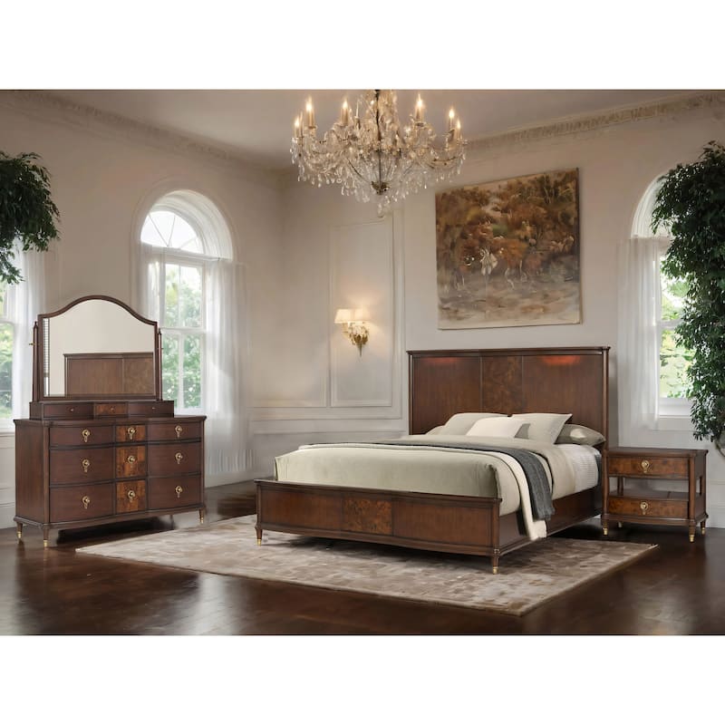Furniture of America Prylen Modern 4-Piece Dark Cherry Solid Wood Panel Bedroom Set with LED Reading Lights - Queen