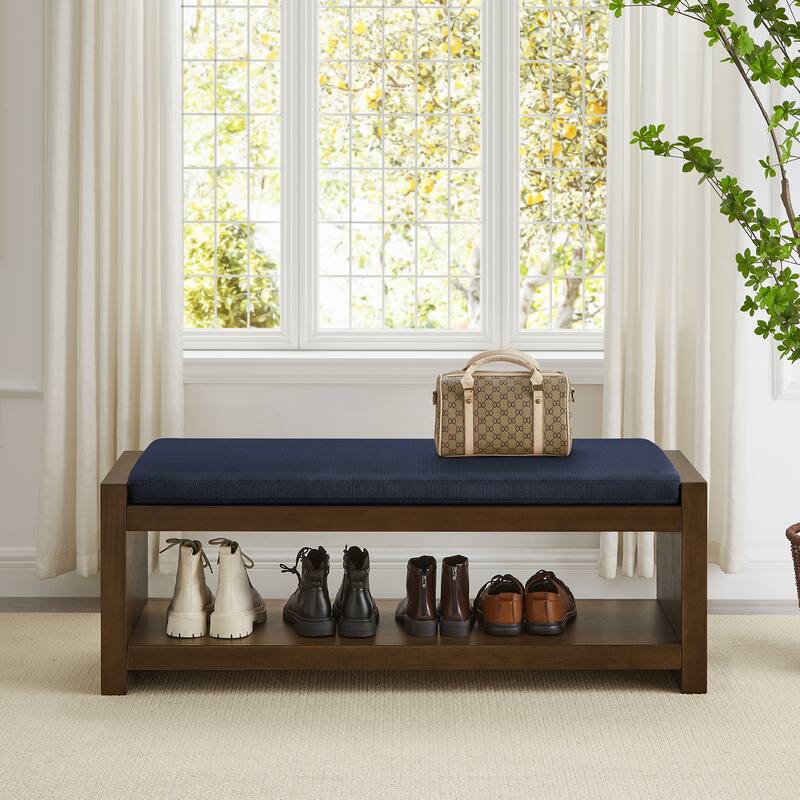47" Accent Bench with Lower Shelf Shoe Rack Modern Compact Bed End Bench with Storage for Bedroom Seating, Removable Cushion
