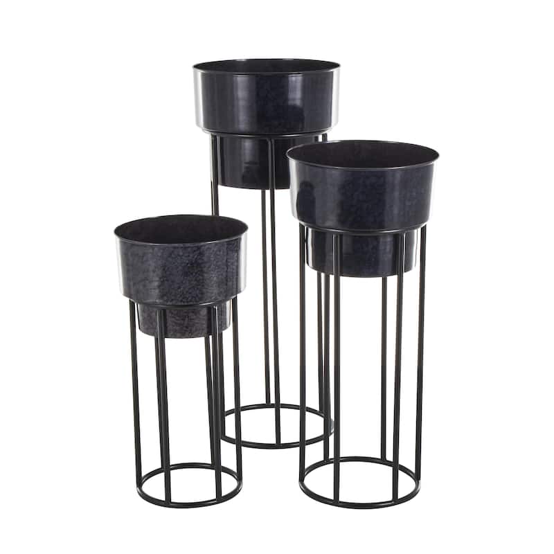 Metal Nesting Indoor Outdoor Planter with Open Framed Black Caged Base - Set of 3 Black - Roche River Decor