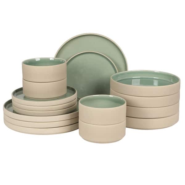 slide 2 of 12, Gibson Elite Liberty Bay 16-Piece Pottery Clay Stoneware Stackable Dinnerware Set - Reactive Glaze, Service for 4 Mint Green