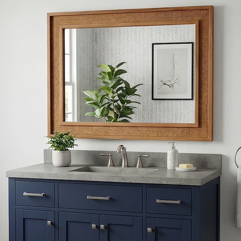 20"x30" Rattan Rectangle Solid Wood Frame Decorative Mirror,For Farmhouse,Bathroom,Home Decor,Entryway