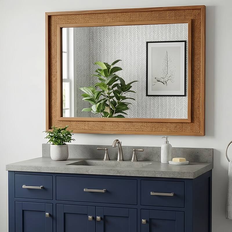 Coastal Boho Rattan Rectangle Wood Frame Wall Mirror
