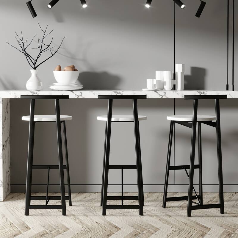 Set of 3 Metal Counter Bar Stools with Backrest, Kitchen Island Bar Chairs for Dining & Pub - Black & White