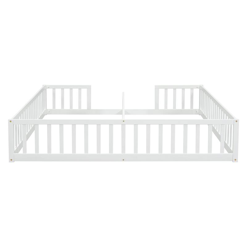 Double Twin Floor Bed with Fence, Guardrails,Without Door