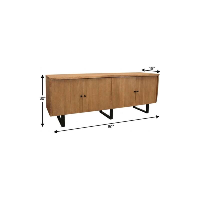 HomeRoots 80" Natural Distressed Solid Wood Live Edge Credenza With Four Doors - 80.00 in. x 30.00 in. x 18.00 in.